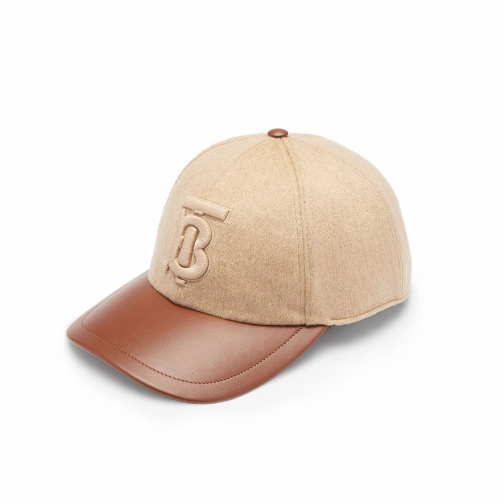 Burberry Beige Wool and Brown Leather Logo Baseball Cap